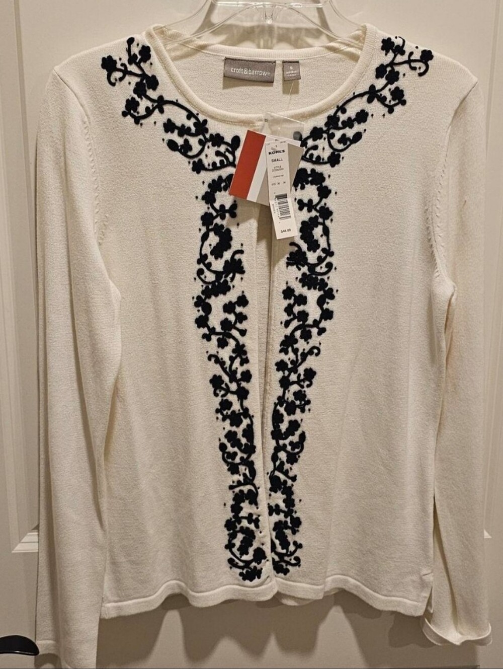 Croft & Barrow White Long-Sleeve Cardigan with Black Embroidery NWT